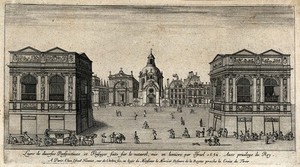 view An urban square with pavilions and hospitals. Etching.