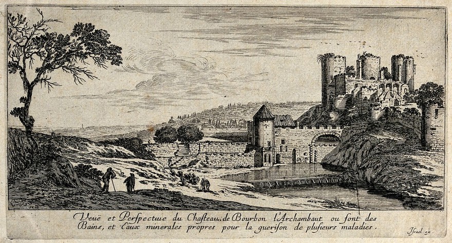 Bourbon l'Archambault, Auvergne: the castle of Bourbon. Etching.