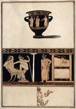 view Above, a red-figured wine bowl (krater); below, decorative detail including an erotic (?) scene between two men. Watercolour by A. Dahlsteen, 176- (?).