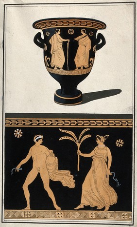 Above, a red-figured Greek wine bowl (krater); below, detail of the decoration showing a naked man and a woman holding a plant. Watercolour by A. Dahlsteen, 176- (?).