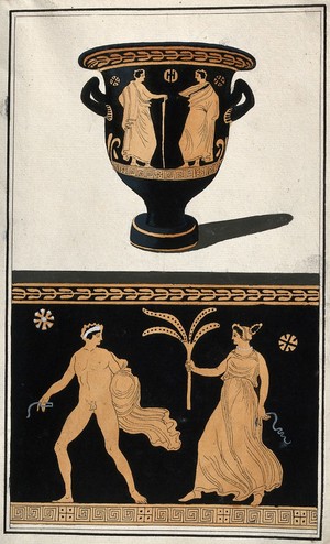 view Above, a red-figured Greek wine bowl (krater); below, detail of the decoration showing a naked man and a woman holding a plant. Watercolour by A. Dahlsteen, 176- (?).