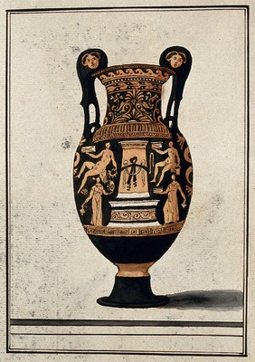 A red-figured Greek wine bowl (volute krater) also called "the Hamilton Vase", decorated with figures of men and women around a stele; volutes ornamented with female heads. Watercolour by A. Dahlsteen, 176- (?).