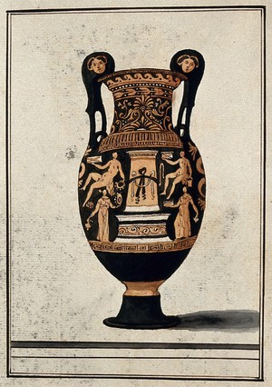 view A red-figured Greek wine bowl (volute krater) also called "the Hamilton Vase", decorated with figures of men and women around a stele; volutes ornamented with female heads. Watercolour by A. Dahlsteen, 176- (?).