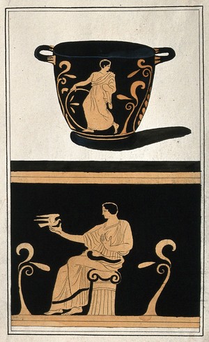 view Above, a red-figured Greek wine bowl (krater); below, detail of the decoration showing a seated man holding a dove. Watercolour by A. Dahlsteen, 176- (?).