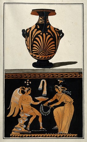 Above, a Greek red-figured water-jar (hydria); below, detail of the decoration showing a woman offering jewellery to a winged seated figure. Watercolour by A. Dahlsteen, 176- (?).