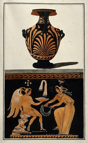 view Above, a Greek red-figured water-jar (hydria); below, detail of the decoration showing a woman offering jewellery to a winged seated figure. Watercolour by A. Dahlsteen, 176- (?).