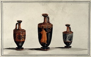 view Three Greek wine-jugs (oinochoes); left and right vases decorated with palms; middle one decorated with a red figure draped woman. Watercolour by A. Dahlsteen, 176- (?).