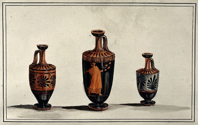 Three Greek wine-jugs (oinochoes); left and right vases decorated with palms; middle one decorated with a red figure draped woman. Watercolour by A. Dahlsteen, 176- (?).