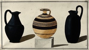 view Three Greek jugs. Watercolour by A. Dahlsteen, 176- (?).