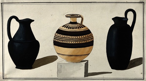 Three Greek jugs. Watercolour by A. Dahlsteen, 176- (?).