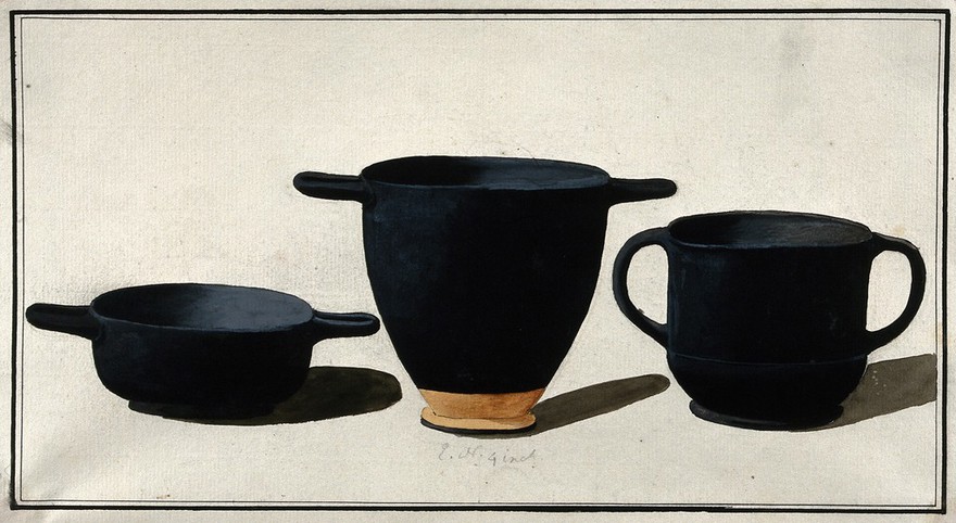 Black Greek drinking cups; left, shallow cup with horizontal handles; middle, tall cup with horizontal handles (kotyle); right, cup with vertical handles. Watercolour by A. Dahlsteen, 176- (?).
