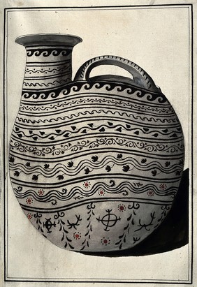 Greek pouring vessel decorated with stylised foliage and geometric patterns (protocorinthian period 720-620 B.C. ?). Watercolour by A. Dahlsteen, 176- (?).