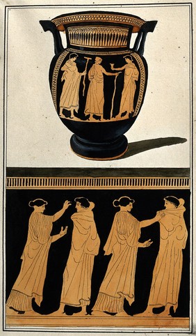 Above, red-figured Greek wine bowl (column krater); below, detail of decoration showing two men and two women. Watercolour by A. Dahlsteen, 176- (?).