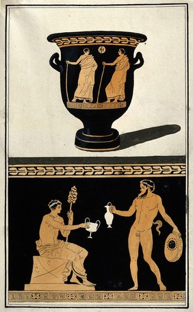 Above, red-figured Greek wine bowl (bell krater); below, detail of decoration showing a satyr about to pour some wine for a seated man (Dionysus?). Watercolour by A. Dahlsteen, 176- (?).