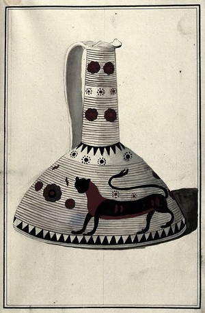 view White ground Greek pouring vessel (protocorinthian period ca. 650 B.C.) decorated with foliage and a stylised dog in the black-figure technique. Watercolour by A. Dahlsteen, 176- (?).