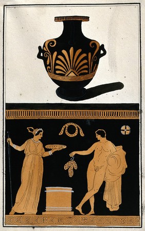 Above, red-figured Greek water jar (hydria) decorated with a palm motif; below, detail of decoration showing a naked man and a woman holding a dish. Watercolour by A. Dahlsteen, 176- (?).