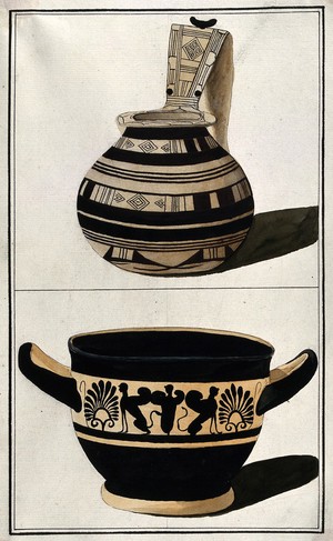 view Above, Greek pouring vessel of the geometric period (ca. 770 B.C.); below, black ground Greek bowl (lekane ?) decorated with a frieze of palms and sphynxes. Watercolour by A. Dahlsteen, 176- (?).