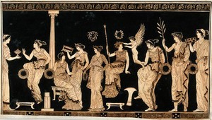 view Detail of a frieze decorating a Greek red-figured vessel (probably a vase) representing a group of richly dressed young women and a seated woman holding a sceptre (Athena ?). Watercolour by A. Dahlsteen, 176- (?).