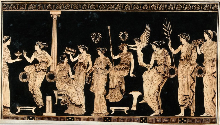 Detail of a frieze decorating a Greek red-figured vessel (probably a vase) representing a group of richly dressed young women and a seated woman holding a sceptre (Athena ?). Watercolour by A. Dahlsteen, 176- (?).