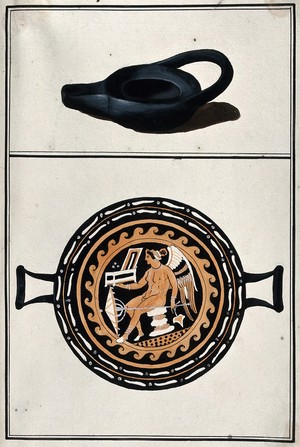 view Above, black lamp; below, drinking vessel with two handles, decorated with a winged figure holding an open box and an umbrella. Watercolour by A. Dahlsteen, 176- (?).