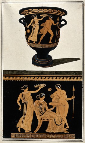 Above, red-figured Greek wine bowl (bell krater); below, detail of decoration showing a naked man holding a spear and two women, one of them seated. Watercolour by A. Dahlsteen, 176- (?).