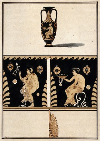 Above, red-figured Greek vessel used for transporting wine (transport amphora); below, detail of decoration showing two seated men, holding a sceptre, a dish a wreaths of flowers. Watercolour by A. Dahlsteen, 176- (?).