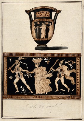 Above, red-figured Greek wine bowl (column krater); below, detail showing a man with a torch holding the hand of a woman with a basket (of grape ?) on her head and a man with a shield (during a bacchanalia ?). Watercolour by A. Dahlsteen, 176- (?).