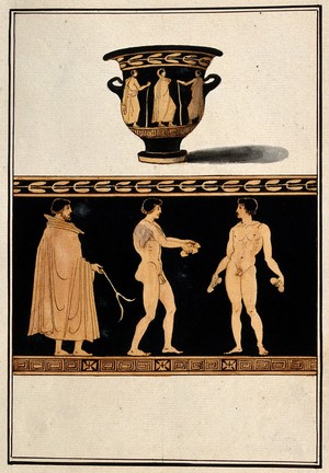 view Above, red-figured Greek wine bowl (bell krater); below, detail showing two naked men and a man wearing a cloak. Watercolour by A. Dahlsteen, 176- (?).