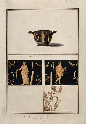 Above, red-figured Greek drinking cup (skyphos); below, detail of the decoration showing a woman holding a rabbit and a naked man with a walking stick. Watercolour by A. Dahlsteen, 176- (?).