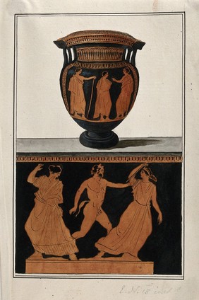 Above, red-figured Greek wine bowl (column krater); below, detail of the decoration showing two women and a satyr. Watercolour by A. Dahlsteen, 176- (?).