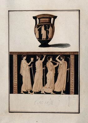 Above, red-figured Greek wine bowl (column krater); below, detail of the decoration showing a procession of four men (priests?), one of them playing the flute. Watercolour by A. Dahlsteen, 176- (?).