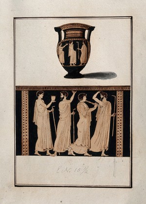 view Above, red-figured Greek wine bowl (column krater); below, detail of the decoration showing a procession of four men (priests?), one of them playing the flute. Watercolour by A. Dahlsteen, 176- (?).