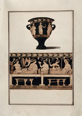 Above, red-figured Greek wine bowl (bell-krater); below, detail of the decoration showing five reclining symposiasts and a winged figure. Watercolour by A. Dahlsteen, 176- (?).