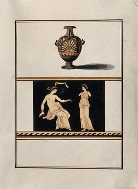 Above, red-figured Greek water jug (hydria) decorated with a palm motif; below, detail of the decoration showing a seated woman and an armless standing woman. Watercolour by A. Dahlsteen, 176- (?).