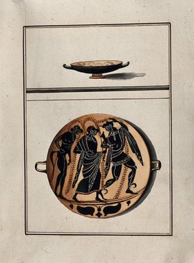 Above, black-figured Greek cup (kylix); below, detail of the decoration showing two men (Dionysos in the centre ?) and a satyr. Watercolour by A. Dahlsteen, 176- (?).
