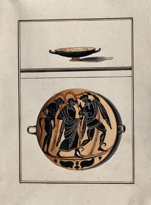 view Above, black-figured Greek cup (kylix); below, detail of the decoration showing two men (Dionysos in the centre ?) and a satyr. Watercolour by A. Dahlsteen, 176- (?).