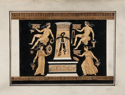 Reverse of the Greek red-figured volute-krater also known as "the Hamilton Vase" (made in Italy ca. 330 B.C.), showing two men and two women, holding various objects, around a stele. Watercolour by A. Dahlsteen, 176- (?).