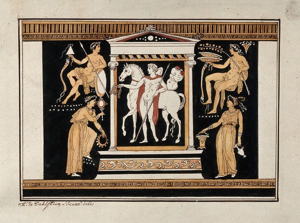 Principal scene of the Greek red-figured volute-krater also known as "the Hamilton Vase" (made in Italy ca. 330 B.C.), showing a youth and his horse standing in a small temple-like structure (naiskos), two men and two women holding various objects are depicted on its left and on its right. Watercolour by A. Dahlsteen, 176- (?).