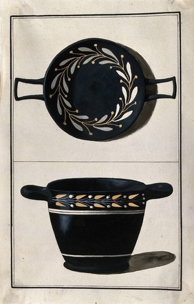 Above, black ground two-handled Greek cup (kylix) decorated with stylised pattern of olive leaves; below, black-ground two-handled Greek cup (skyphos) decorated with stylised lilies of the valley. Watercolour by A. Dahlsteen, 176- (?).