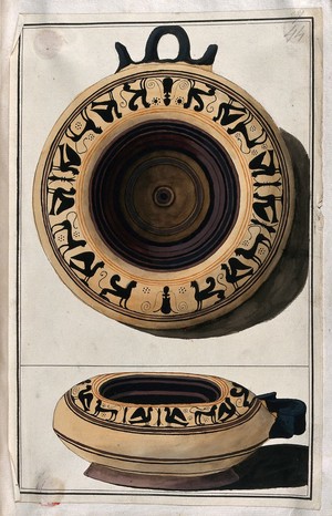 view Above, white-ground black-figured Greek vessel decorated with a frieze of stylised sphinxes and lions; below, side view of the vessel. Watercolour by A. Dahlsteen, 176- (?).