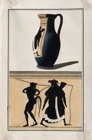 view Above, black-figured Greek wine jug (oinochoe); below, detail of decoration showing a man (most probably Dionysus) and a dancing satyr. Watercolour by A. Dahlsteen, 176- (?).