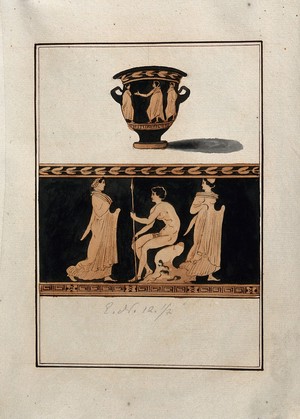 view Above, red-figured Greek wine bowl (bell-krater); below, detail of decoration showing two women and a naked man, seated and holding a spear. Watercolour by A. Dahlsteen, 176- (?).