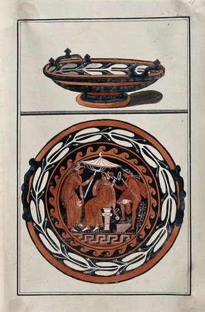 view Above, red-figured Greek cup (kylix?); below, detail of decoration showing an outdoor scene: a seated woman is attended by two servants, one is holding a parasol, the other is holding a jug. Watercolour by A. Dahlsteen, 176- (?).