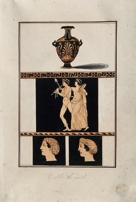 Above, red-figured Greek water jar (hydria); centre, detail of decoration showing one man playing the flute and another following him during what seems to be a bacchanalia; below, two heads in profile: one male, one female (?). Watercolour by A. Dahlsteen, 176- (?).