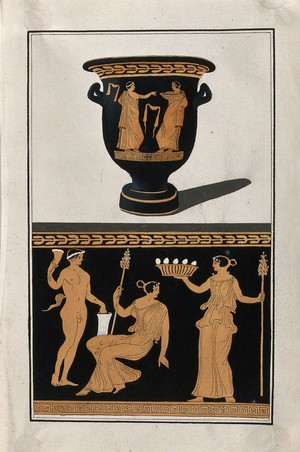 view Above, red-figured Greek wine bowl (bell-krater); below, detail of decoration showing a seated woman, a satyr and a woman holding a basket of eggs ?. Watercolour by A. Dahlsteen, 176- (?).