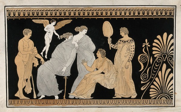 Detail of the decoration of a red-figured Greek strorage jar (pelike) showing a seated man, a seated woman (Demeter ?), a woman and a servant holding a fan, a naked man (Demophoon ?) and a winged figure. Watercolour by A. Dahlsteen, 176- (?).