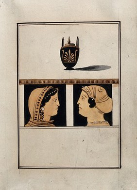 Above, red-figured Greek lidded vessel (lebes gamikos?); below, detail of decoration showing two women in profile (Persephone and Demeter?). Watercolour by A. Dahlsteen, 176- (?).