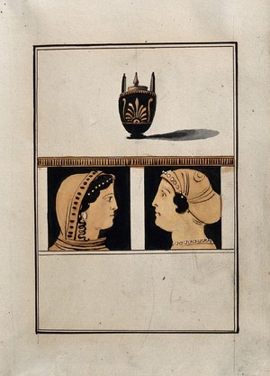 view Above, red-figured Greek lidded vessel (lebes gamikos?); below, detail of decoration showing two women in profile (Persephone and Demeter?). Watercolour by A. Dahlsteen, 176- (?).