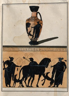 Above, black-figured Greek perfume bottle (lekythos); below, detail of the decoration showing a young man about to ride his horse, with two servants and two dogs. Watercolour by A. Dahlsteen, 176- (?).