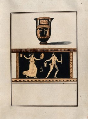 Above, red-figured wine-mixing bowl (column krater); below, detail of the decoration showing a maenad dancing with a satyr. Watercolour by A. Dahlsteen, 176- (?).